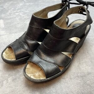 Fly London Yown Rug Peep Toe Sandals Womens 37US 6.5-7 Black Leather Wedge Heels